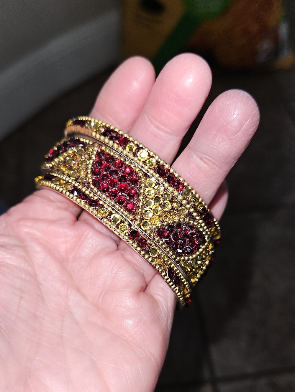 Gold-Tone Red and Yellow Crystal Stretch Bangle Bracelet